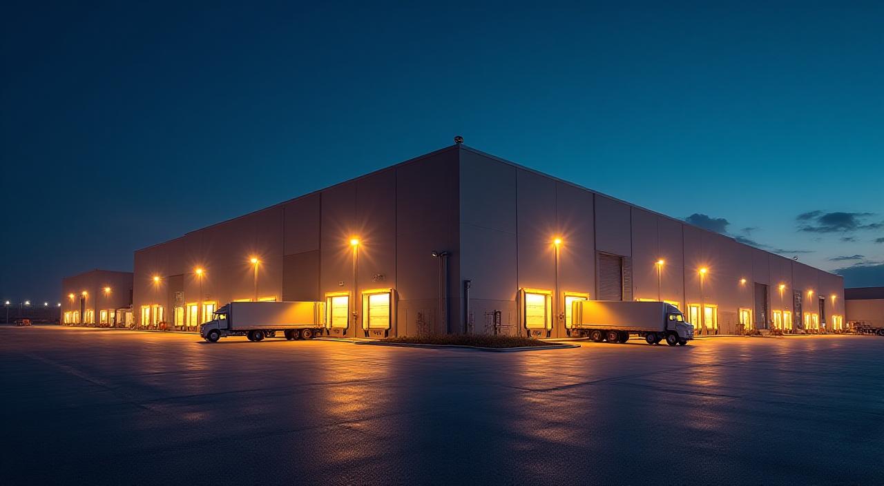 Panoramic nighttime view of ARLINGTON DISTRIBUTION AND STORAGE LLC's illuminated freight hub and loading docks