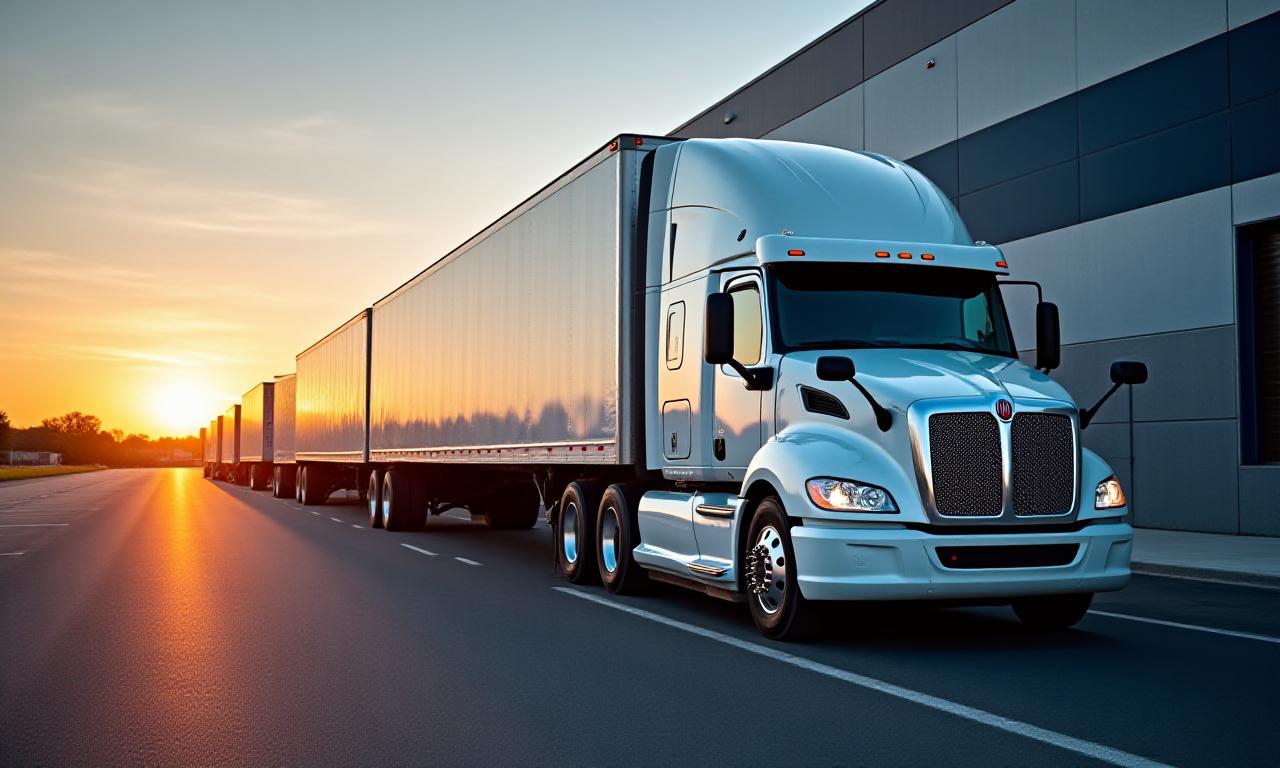 Modern heavy-duty logistics fleet at sunset in Indianapolis terminal