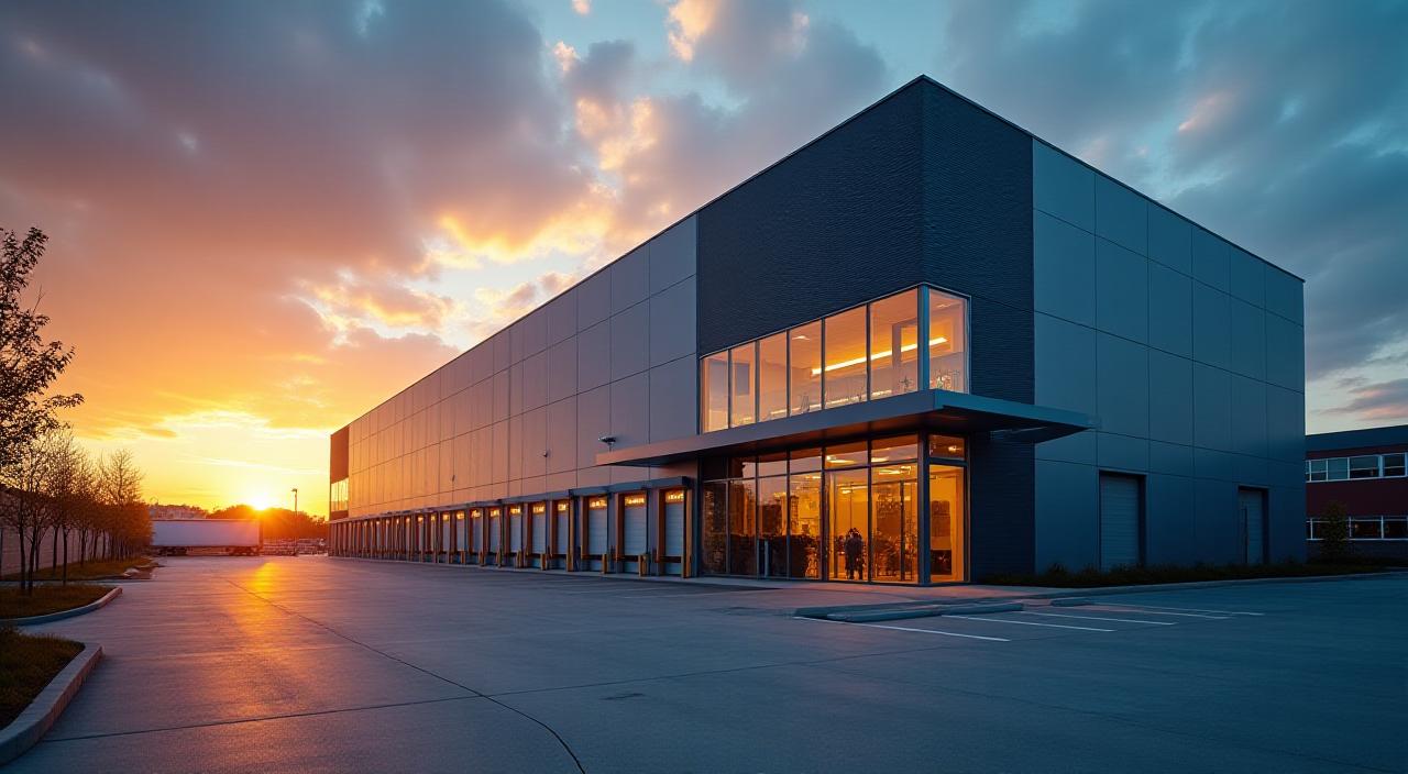 Modern logistics warehouse facility exterior at sunset