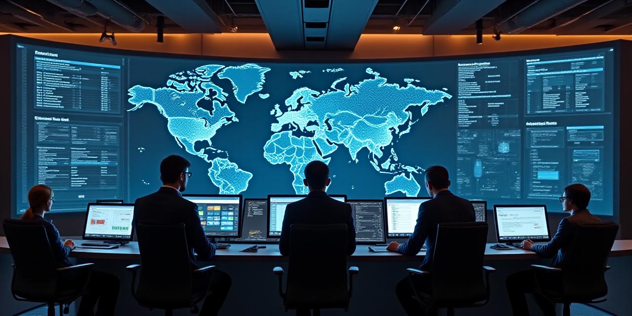 Modern logistics dispatch center with large monitoring screens